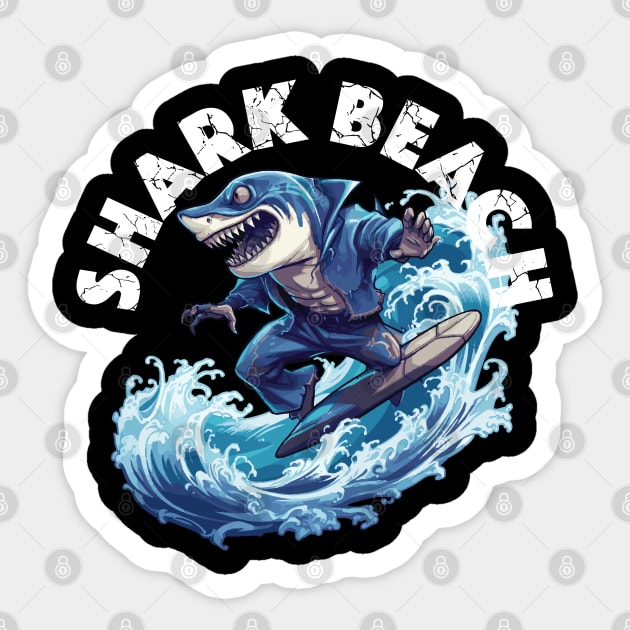 Shark Surfing - Shark Beach (White Lettering) Sticker by VelvetRoom